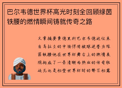 巴尔韦德世界杯高光时刻全回顾绿茵铁腰的燃情瞬间铸就传奇之路 巴尔韦德世界杯高光时刻全回顾绿茵铁腰的燃情瞬间铸就传奇之路